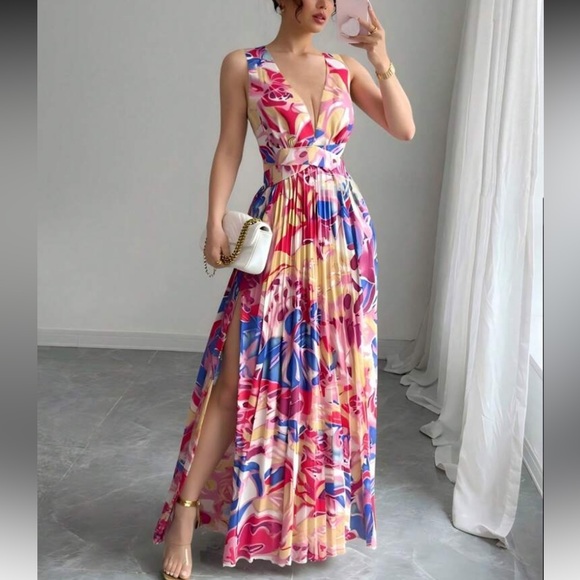 Elegant Blue and Yellow Floral Maxi Dress